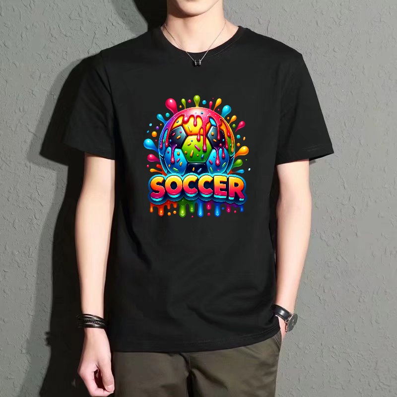 Street Fashion Theme - Men's Black Round-Neck Short-Sleeved T-Shirt, Football-Themed