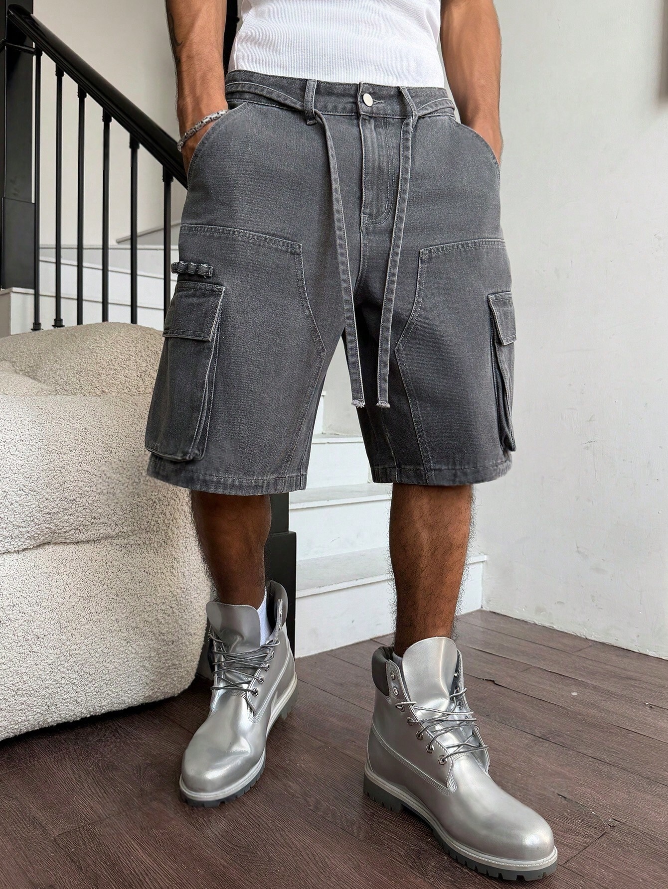 Men Grey Washed Cargo Denim Sh - Street Fashion Jeans recension och pris