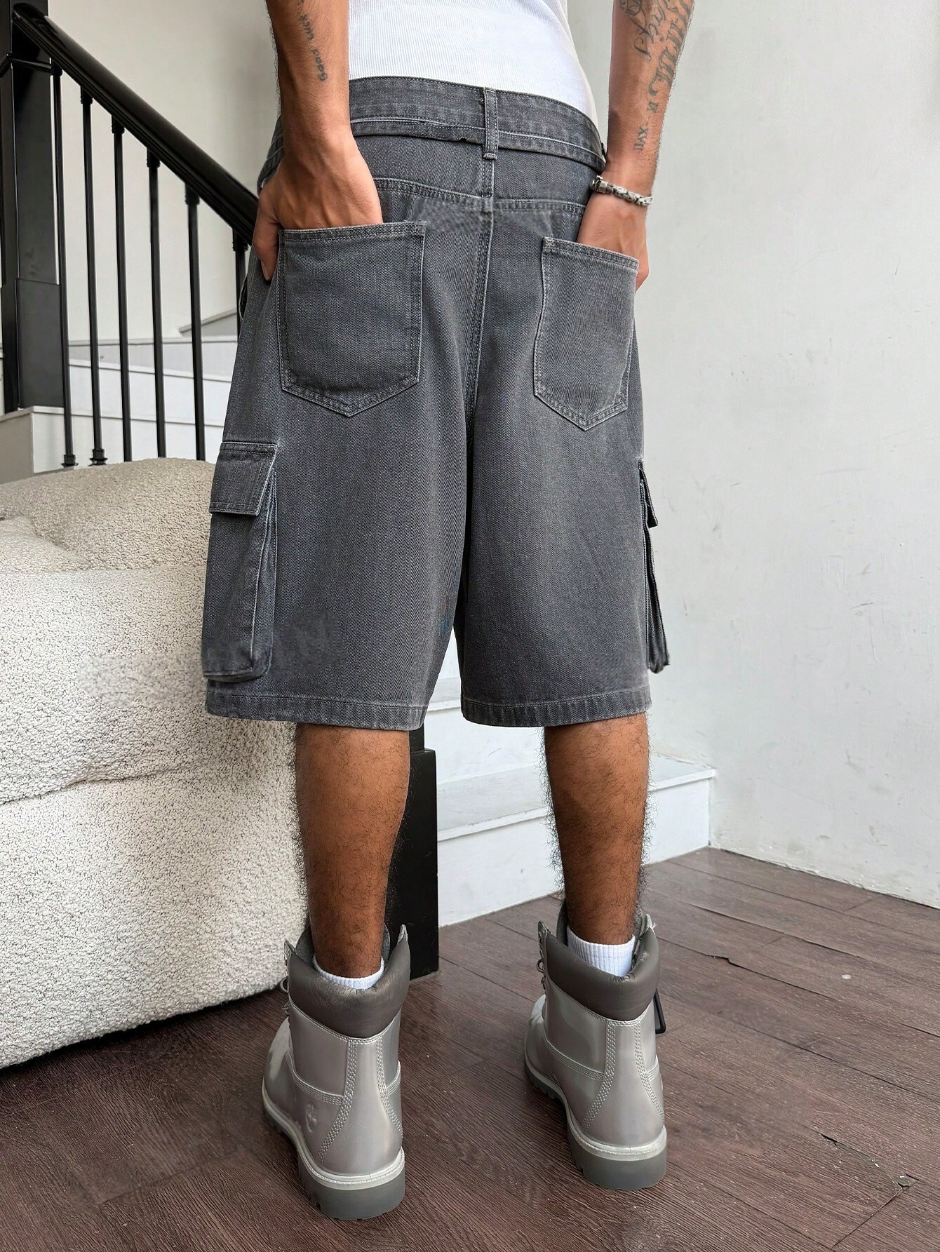 Men Grey Washed Cargo Denim Sh - Street Fashion Jeans recension och pris