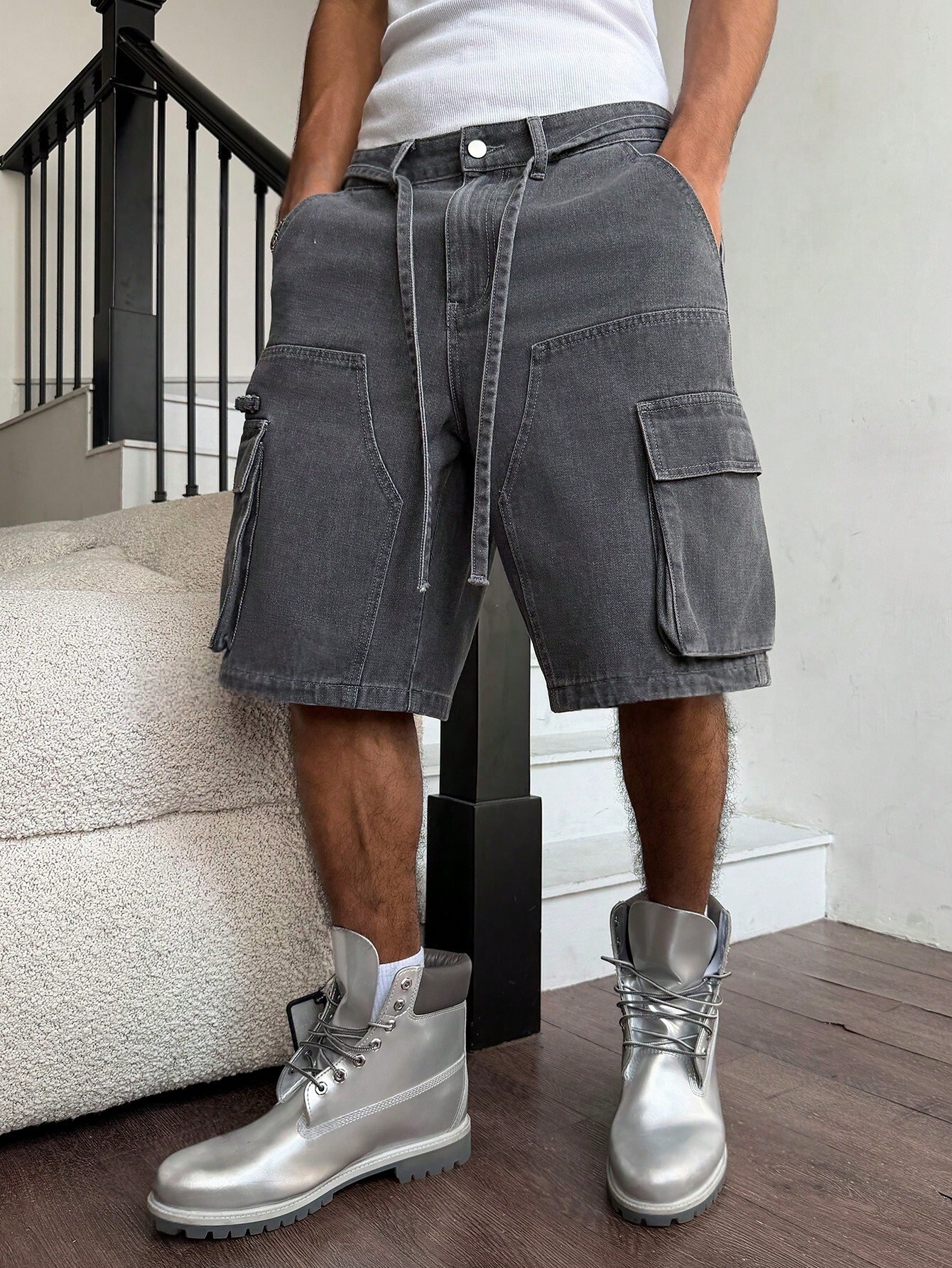 Men Grey Washed Cargo Denim Sh - Street Fashion Jeans recension och pris