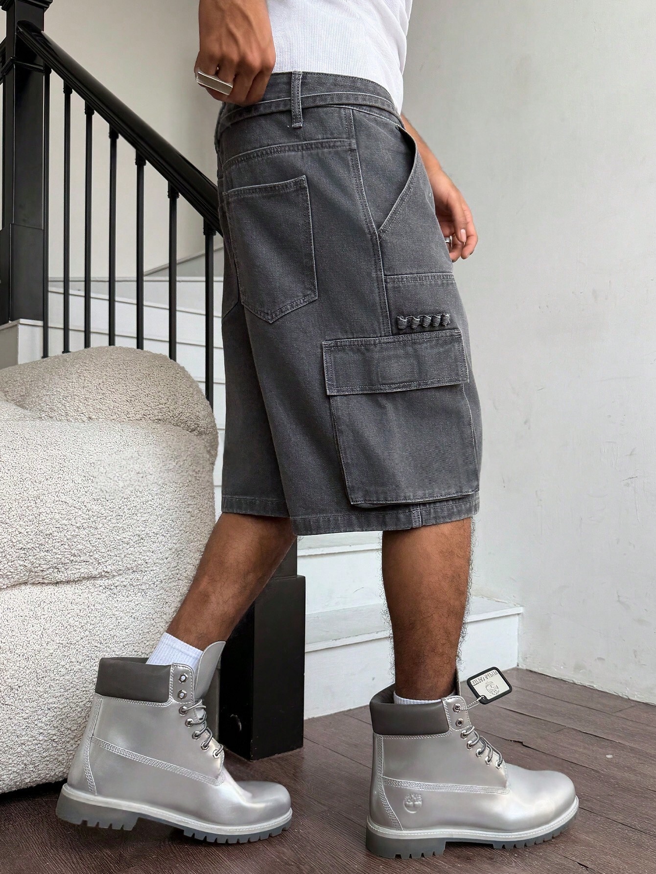 Men Grey Washed Cargo Denim Sh - Street Fashion Jeans recension och pris